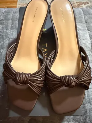 Ann Taylor Brown Knotted Leather Low Wedge Slide Sandals Shoes Mules NIB Size 9 thumbnail 2