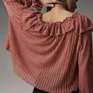 By Anthropologie Sheer Striped Blouse Top plus XXL 2X NEW BOHO rose long sleeve thumbnail 5