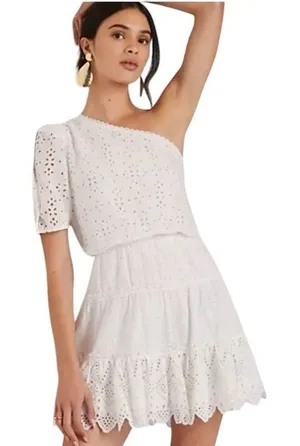 HEMANT AND NANDITA White Eyelet One Shoulder Tiered Dress Size 4 Anthropologie thumbnail 1