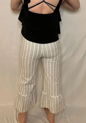Gray Striped Ruffle Cropped Bell Bottom Linen Pants - XS thumbnail 7