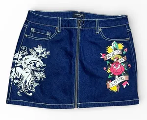 Ed Hardy Denim Mini Skirt Y2K Panther Rose Tattoo Blue Size Large Full Zip Retro thumbnail 1