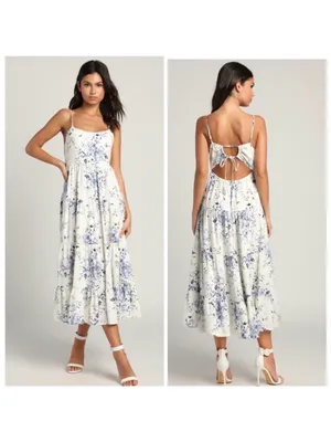 Lulus Mykonos Mood Ivory Floral Print Tie-Strap Tiered Midi Dress S/M? thumbnail 2