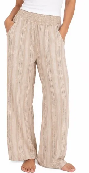Briggs Womens Linen Blend Striped Wide Leg Pants Beige Smocked Waist Medium thumbnail 1