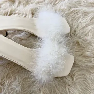 NWOT Cream White Fuzzy Faux Fur Square Toe Open Mule Kitten Heels EU 41 / US 10 thumbnail 3