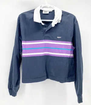 OBEY Riley LS Polo purple cropped oversized striped rugby 100% cotton size XL thumbnail 1