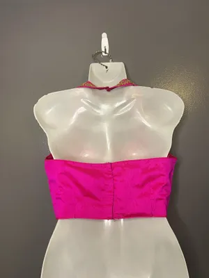 Handmade Halter Blouse Womens Med Pink Embroidered Sequin Padded Cropped Party Top thumbnail 4