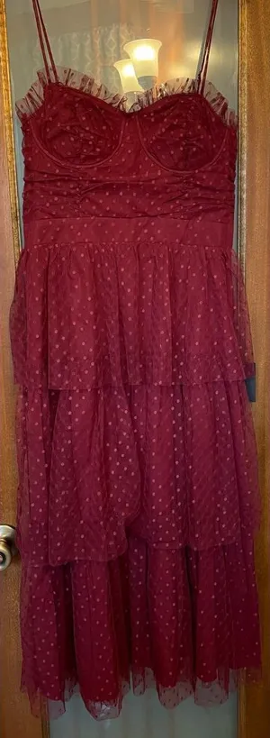 Lulu’s Sweetheart Burgundy Bustier Tulle Tier Polka Dot Cocktail Party Dress NWT thumbnail 1