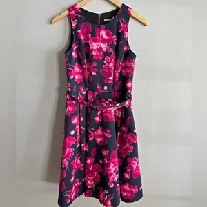 Eliza J Floral Fit & Flare Dress Navy Pink Belted Sleeveless Size 4 thumbnail 3