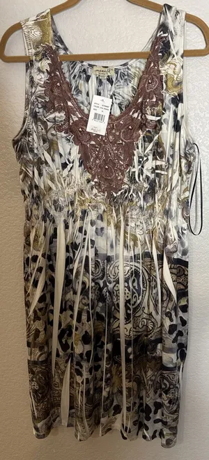 One World Womens XL Sleeveless Lace Animal Print Midi Dress‎ Boho Beach NEW thumbnail 1
