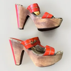 Coach‎ Jonah Leather Wooded Wedge Sandals Women' s Orange Gold sz 7B thumbnail 1