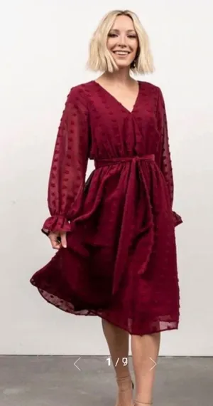 Baltic Born Paisley Dress Women 2XL Burgundy Swiss Dot Long Sleeve Romantic Midi thumbnail 1