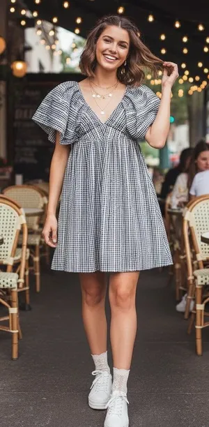 Moon River Afternoon Sunshine Multi Plaid Puff Sleeve Mini Dress thumbnail 1