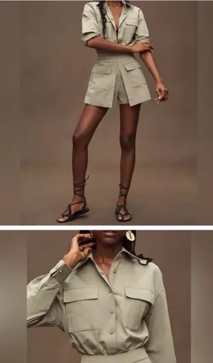 Mare mare Anthropologie long sleeve Olive Green Utility Romper thumbnail 3