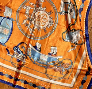 Vintage Equestrian HORSE&CARRIAGE print orange/blue oversized silky Scarf 35/35 thumbnail 16