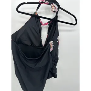 Cupshe Womens One‎ Piece Swimsuit Black Floral Halter Ruched Keyhole Size 2X NWT thumbnail 2