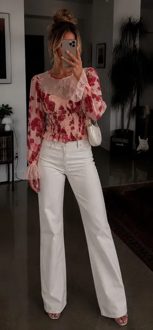 Free People Daphne Floral Lace Smocked Long Sleeve Blouse Romantic Combo Size XS thumbnail 1