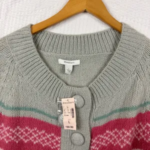 Dressbarn Grey Pink Fair Isle Cardigan Sweater Metallic Accents Size L NEW thumbnail 2