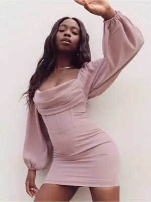 Princess Polly Draped Square Neck Puff Sleeve Mini Dress in Blush thumbnail 3