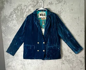 WILD Teal Velvet Blazer Jacket Double Breasted Boho Luxe Statement Eclectic S/M thumbnail 1