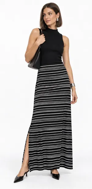 a.n.a Black White Striped Maxi Skirt Small Foldover Waist Stretch Knit Casual thumbnail 1