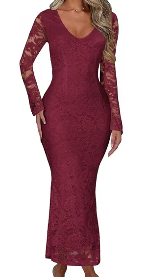 Ekaliy Women Bodycon Maxi Dress Floral Lace Elegant Wine Red. Size M thumbnail 1