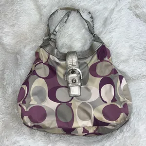 Coach Op Art Scarf Print Signature Shoulder Bag with Purple and Silver Detail thumbnail 1
