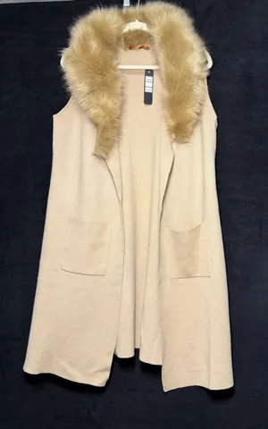 Baldini Mumu Lombardi Long Cardigan in Taupe with a faux fur‎ collar. SIze L thumbnail 1