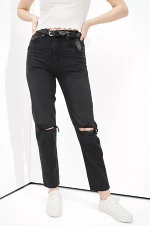 American Eagle Mom Straight Jean Washed Black Denim High Rise Size 2 Regular thumbnail 1