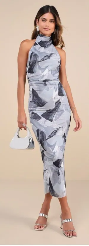 Lulus Idyllic in Ibiza Grey Abstract Print Mock Neck Halter Midi Dress Size XL thumbnail 1