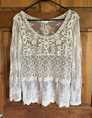 Anthropologie cream Boho Crochet Lace Long-Sleeve overlay western Top Size L thumbnail 1