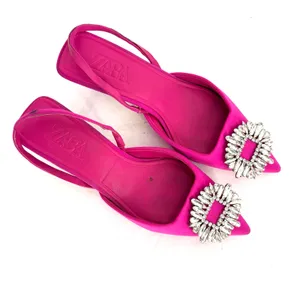Zara Fuchsia Pink Rhinestone Buckle Slingback Kitten Heels Women's EU 39 US 8 thumbnail 2