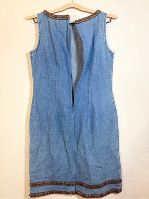 Vintage Denim Embroidered Beaded Trim Dress Size 8 thumbnail 3