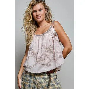 POL Tassel Shoulder Tie Embroidered Sleeveless Woven Top - Rose Pink - Large thumbnail 4
