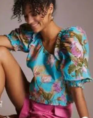 Love The Label Green Floral Ruffle Puff Short Sleeve Cotton Blouse Size XS thumbnail 1