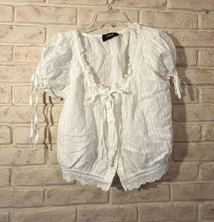 Cider White Eyelet Lace Trim Puff Sleeve Tie Front Crop Blouse Size L thumbnail 1