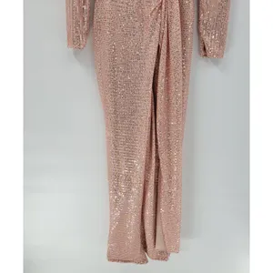 Sublime Sequined Gown S Pink Faux Wrap Long Puff Sleeve Tigh Slit Party Wedding thumbnail 14