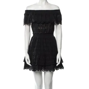 Love Shack Fancy Black Lace Off Shoulder Mini Dress Womens XS Whimsigoth Boho thumbnail 2