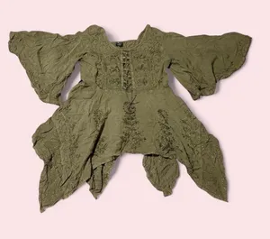 Vintage Kirat Olive Green Embroidered Peasant Blouse with Bell Sleeves thumbnail 1