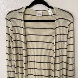 Daytrip Minimalist Chic Cozycore Slouchy‎ Striped Cream Long Open Cardigan Small thumbnail 2
