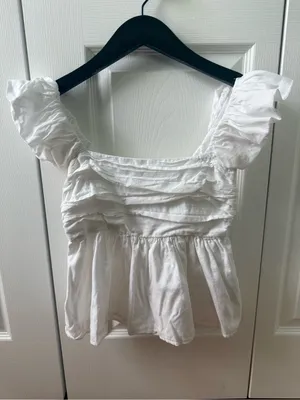 Abercrombie & Fitch White Emerson Peplum Puff Sleeve Pleated Top thumbnail 2