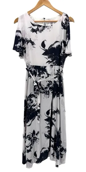 Rimini Black White Floral Print Midi Dress Size Med Flutter Sleeve Belted‎ Lined thumbnail 1