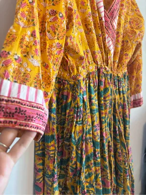 Women's Boho Ethnic Cotton Kurta Yellow Surplice Neck Maxi Dress thumbnail 4
