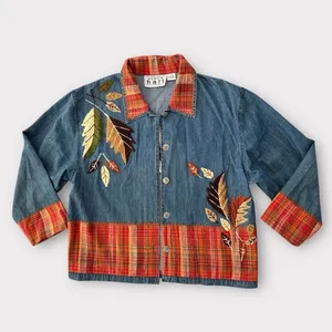 Vintage 90s Keren Hart Fall Autumn Leaf Embroidered Denim Button Down Orange M thumbnail 1