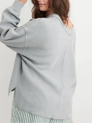 Aerie Wonder Textured V-Neck Sweatshirt Grey Size Large thumbnail 3