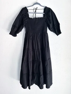 Hill House Home Nesli Nap Dress Black Smocked Tiered Midi Puff Sleeve Small thumbnail 2