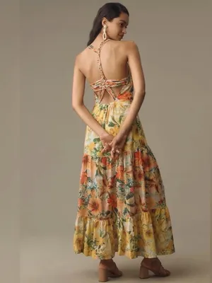 Pilcro Floral Tiered Maxi Dress - Yellow & Coral & Blue size medium thumbnail 9