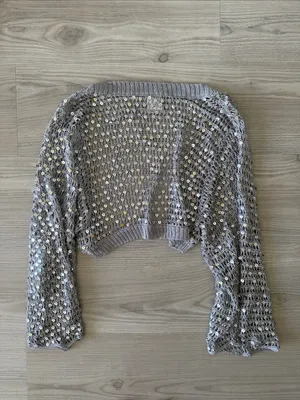 Y2K Silver Sequin Open Knit Crochet Bolero Shrug Crop Cardigan Bell Sleeve thumbnail 4