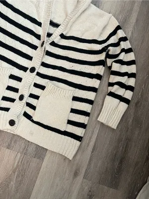 American Eagle Cardigan Womens Medium Ivory Black Striped Knit Shawl Collar thumbnail 5