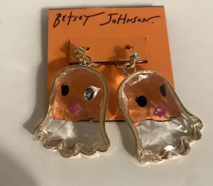 Betsey Johnson Girl Ghost Halloween Clear Gold Tone Dangling Earrings thumbnail 1