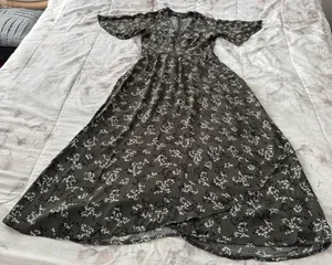 French Connection charcoal grey Floral Maxi Dress, size 2 faux wrap V-neck chic thumbnail 1